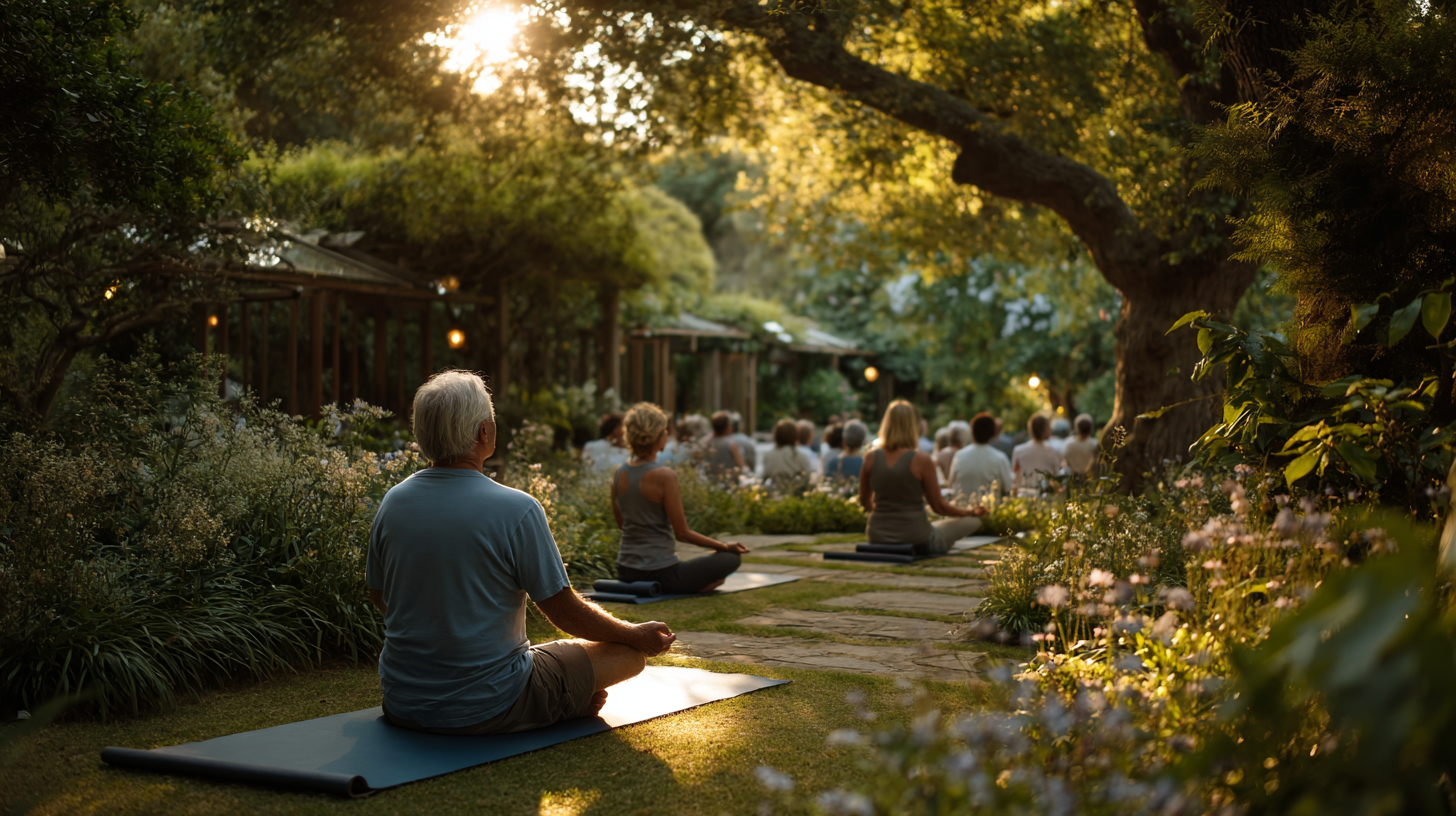 Adultos mayores practicando yoga en un ambiente sereno