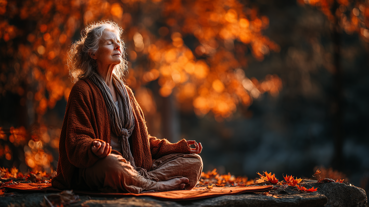 Grupo de adultos mayores en clase de yoga, mostrando alegría y bienestar